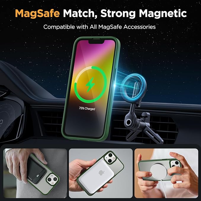 Miracase Magnetic for iPhone 14 Case 6.1 inch (Compatible with MagSafe)（with 2X Screen Protectors） Military-Grade Protection, Anti-Fingerprint Translucent Matte Phone Case Cover, Dark Green
