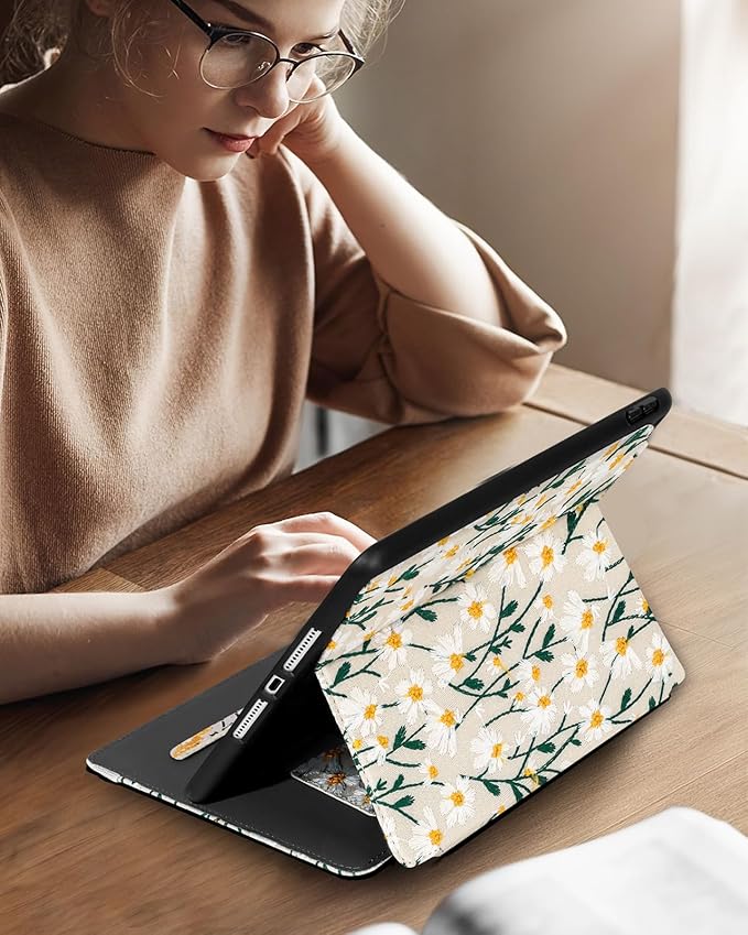 Uppuppy for iPad 9th/8th/7th Generation Case 10.2'' - Women Girls Cute Embroidered Folio Stand Cover with Pencil Holder & Card Slot Girly White Daisy Flower Design Aesthetic Cases for iPad 7th/8th/9th