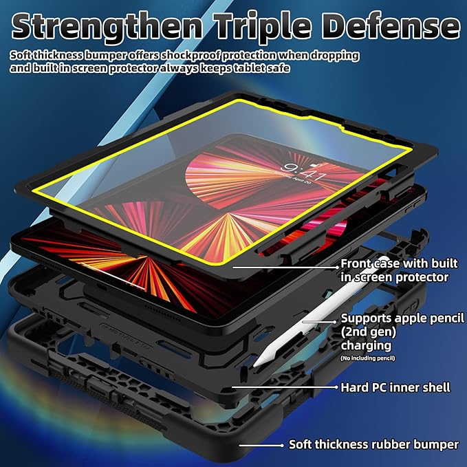 For iPad Air 5th 4th Generation 10.9 inch Case with Screen Protector [15ft Drop Protection] iPad Pro 11 Case 4th 3rd 2nd 1st Gen (2022 2021 2020 2018) for Kids W/ 360 Stand Hand/Shoulder Strap