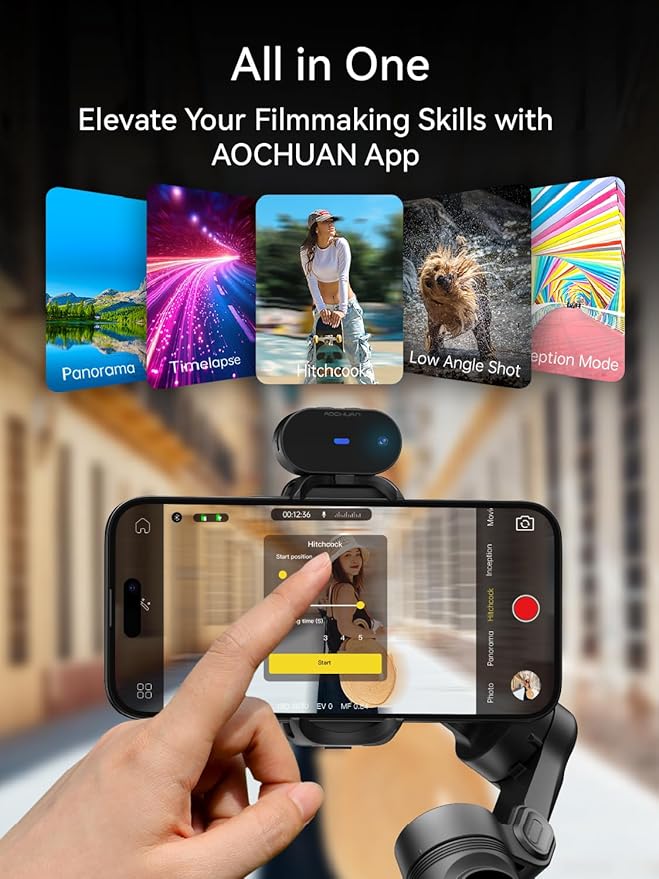 AOCHUAN Gimbal Stabilizer for iPhone with AI Vision Sensor for Face Tracking, 3-Axis Phone Gimbal w/OLED Display for Vlog Recording, Compatible with iPhone/Android-Smart XPro AI Black