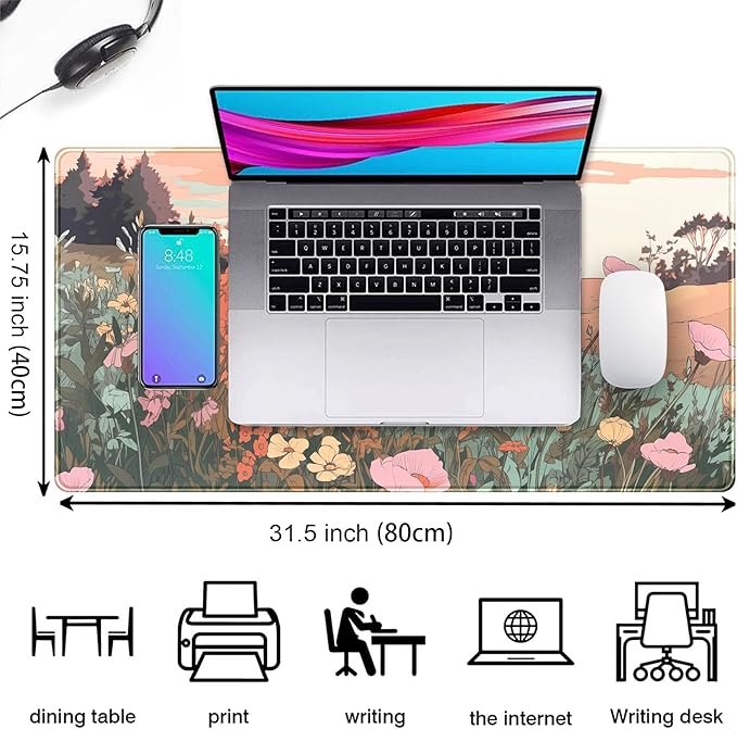 Desk Mouse Pad Large Desk Mat Botanical Flowers Mouse Mat Gaming, Extended Floral Keyboard Pad XXL, Long Desktop Laptop Mat Aesthetic Watercolor Wildflower Office Decor for Women 31.5x15.7 Inch