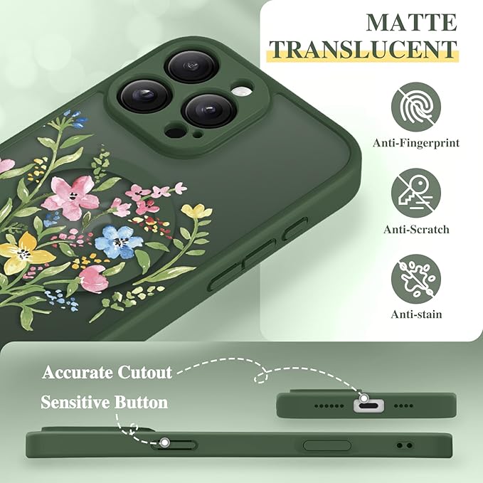 GVIEWIN for iPhone 16 Pro Case Compatible with MagSafe, [Military Grade Protection] [Screen Protector] Full Camera Protection Floral Translucent Women Magnetic Phone Case, Bloomcore/Forest Green