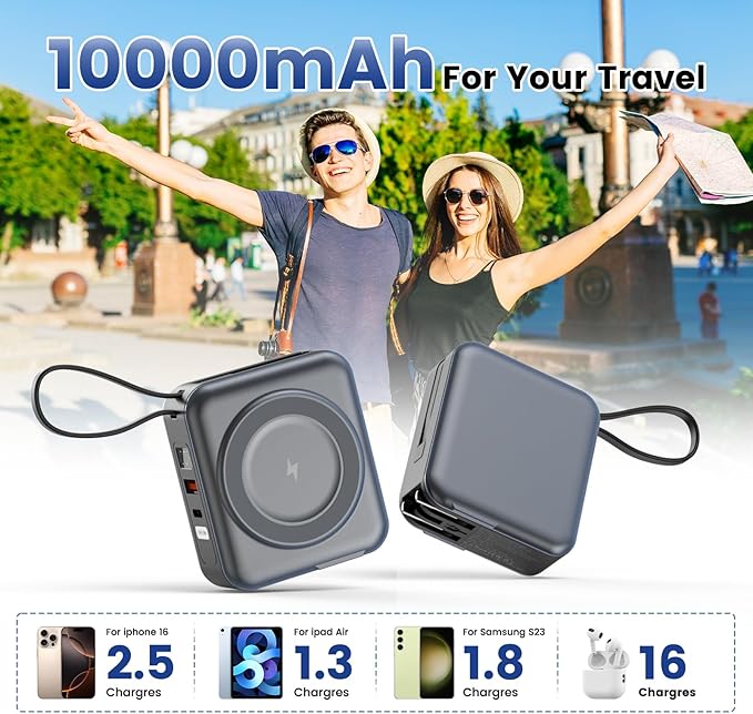 for Magsafe Portable Charger with AC Wall Plug, 6-in-1 Magnetic Wireless Power Bank 10000mAh Built-in Cables, 22.5W Type-C in&Out Fast Charging Battery Pack for iPhone 17/16/15/14/13/12 Series, Gray