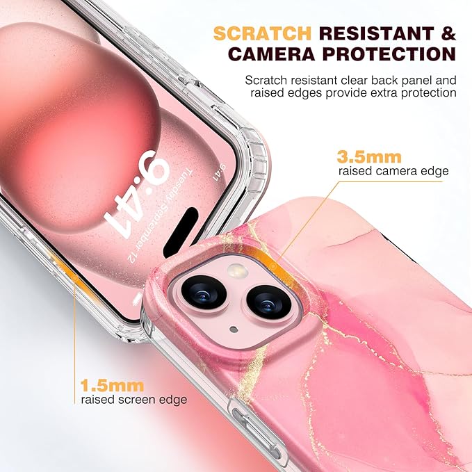 Diaclara Designed for iPhone 15 Plus Case 6.7 Inch, Full Body Rugged Case with Built-in Touch Sensitive Anti-Scratch Screen Protector + Glass Camera Lens Protector for iPhone 15 Plus,Water Pink