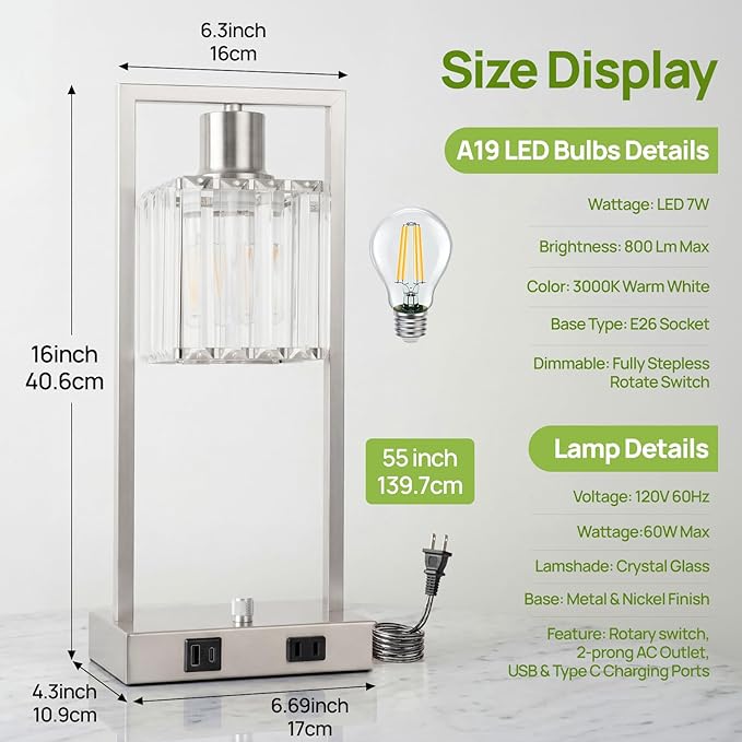 16" Desk Lamps for Home Office, Bedside Lamps with USB C+A Ports and Outlet, Nickel Fully Stepless Dimmable Industrial Table Lamps with Crytal Glass Shade for Reading Living Room, LED Bulbs Included
