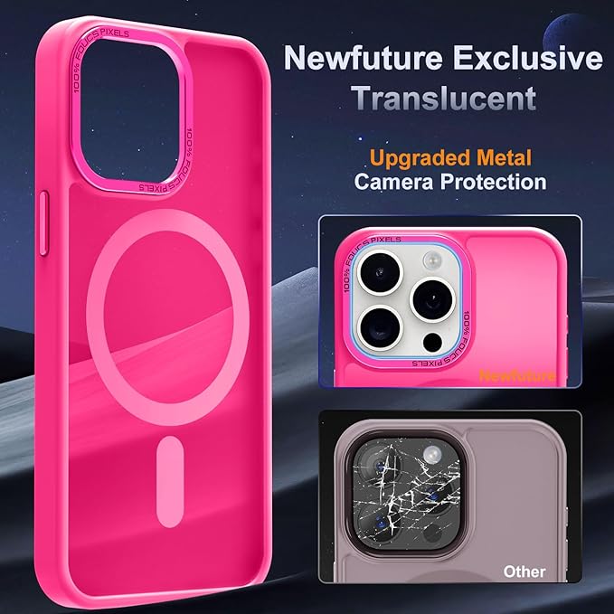 Newfuture Upgraded Magnetic for iPhone 15 Pro Max Case [Compatible with Magsafe] [Mil-Grade Protection], Pocket-Friendly, Slim Translucent Phone Case Cover for iPhone 15 Pro Max 6.7", Hot Pink