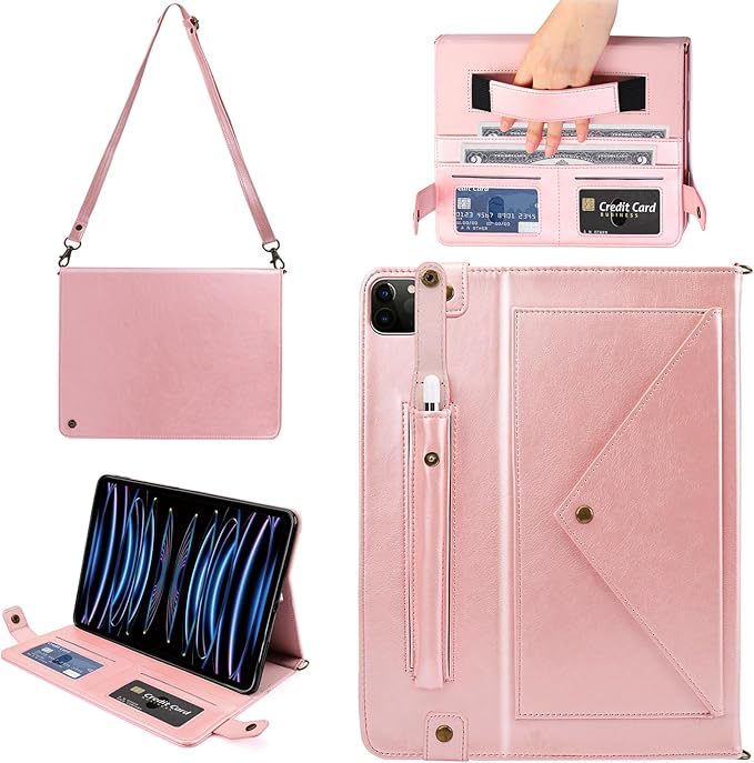 Case for iPad Pro 12.9" 2022/2021/2020, iPad Air 13" - Techcircle Folio Stand PU Leather Cover w/Hand Strap, Pencil Holder Crossbody Card Slots Envelope Pocket Wallet Case, Rose Gold