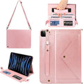 Case for iPad Pro 12.9" 2022/2021/2020, iPad Air 13" - Techcircle Folio Stand PU Leather Cover w/Hand Strap, Pencil Holder Crossbody Card Slots Envelope Pocket Wallet Case, Rose Gold