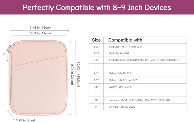 Dadanism 8-9 Inch Tablet Sleeve Bag Carrying Case for iPad mini 7th/6th 8.3", iPad mini 7.9", Galaxy Tab A7 Lite/A9 8.7", ‎Remarkable Paper Pro Move 7.3" 2025, Tab M8 8", Tab M9 9", Pink