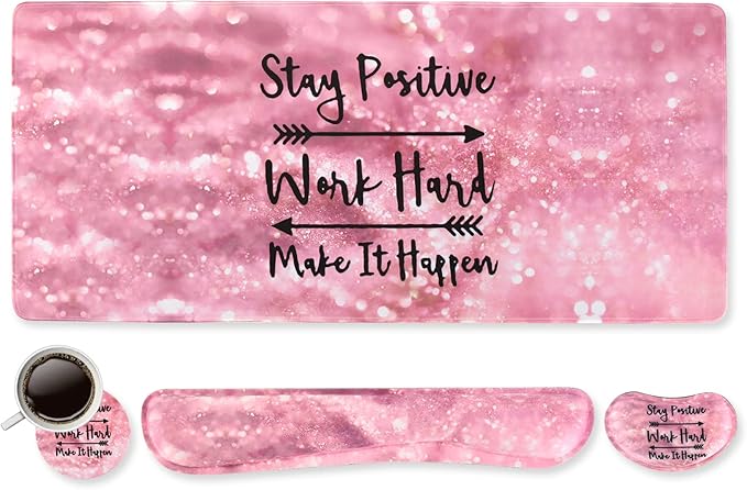 DINKY Keyboard Mouse Pad Set, Large Gaming Mousepad + Memory Foam Ergonomic Keyboard Wrist Rest Support, Easy Typing Pain Relief, 4Pcs (35.4" x 15.7") Extended Desk Mat -Pink Glitter Letters