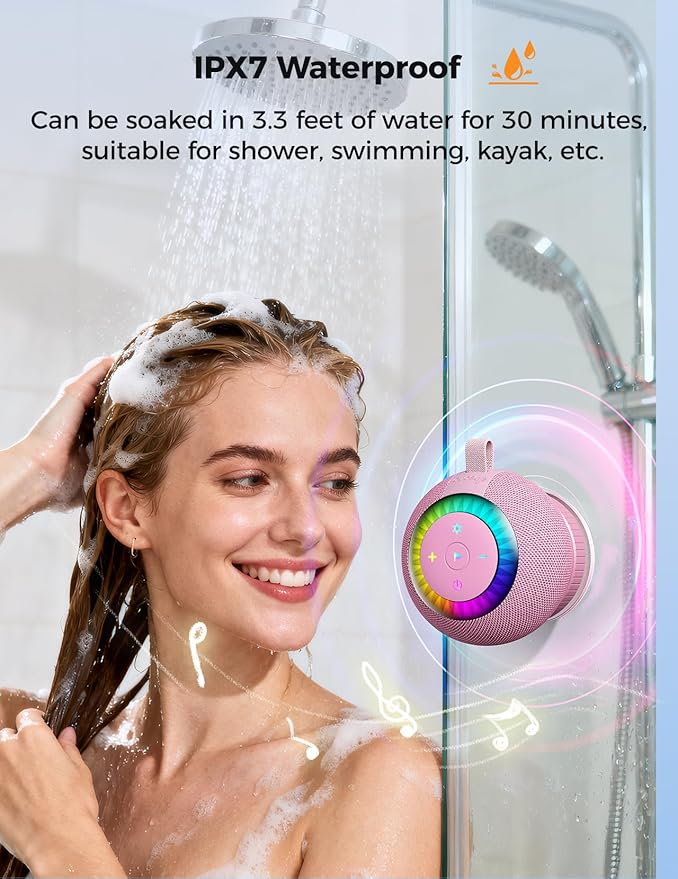 Shower Speaker Bluetooth Waterproof Portable: 360° Surround Sound, IPX7 Suction Cup Removable with Vacuum Exhaust Knob, RGB Lights, Beach/Pool/Camping/Kayak Essentials, Gifts for Mom Teens-Pink