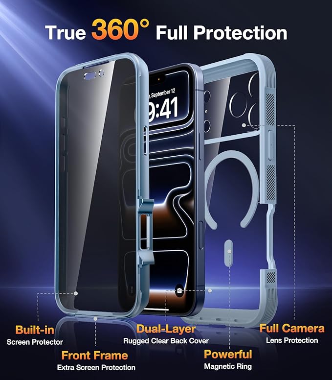 Diaclara Magnetic Designed for iPhone 17 Case 6.3'' [Full Camera Protection] Full Body Bumper,[Compatible with MagSafe] Phone Case w/Built-in Privacy Screen Protector,Blue