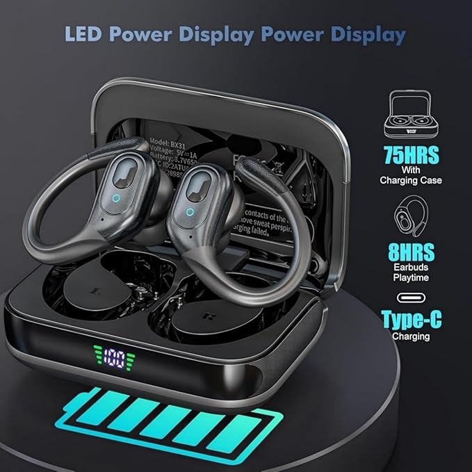 sajawass Wireless Earbuds, Sports Bluetooth Headphones, 75Hrs Playtime Ear Buds with LED Power Display, Noise Canceling Headset, IPX7 Waterproof Earphones for Workout/Running