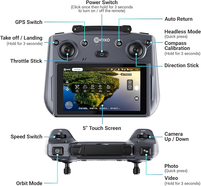 Contixo Foldable 4K Cinematic F29 Drone for Adults & Hobbyists, 3-Axis Gimbal, 5" Touchscreen Remote, GPS Return Home, Follow Me, Orbit Mode, Brushless Motor, 46 Min Flight Time (2 Batteries), 3KM Range