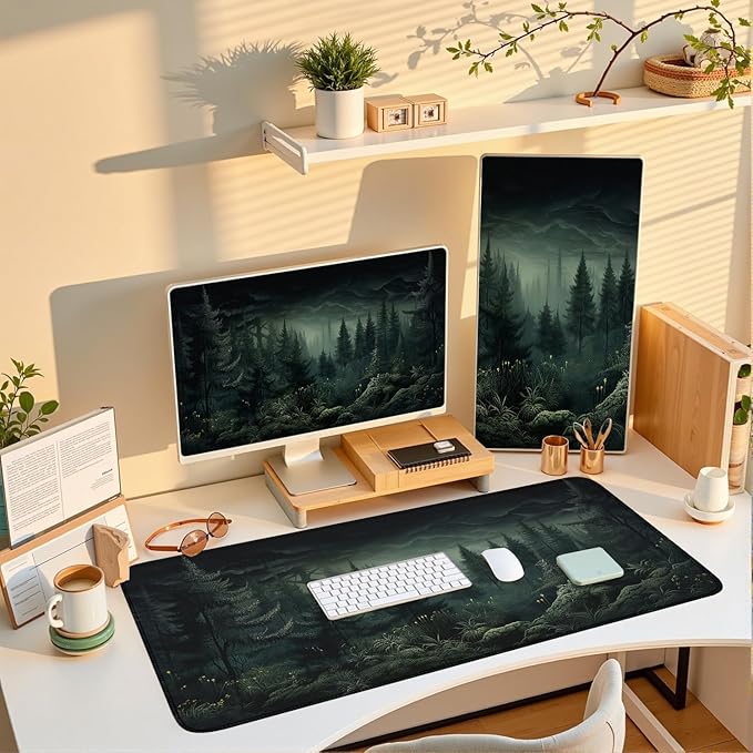 Dark Gloomy Forest Desk Mat Dark Green Aesthetic Mouse Pad XXL Large Gaming Mouse Mat for Office,Computer,Keyboard,Laptop and Home Desk Pad 31.5 X 15.7inch
