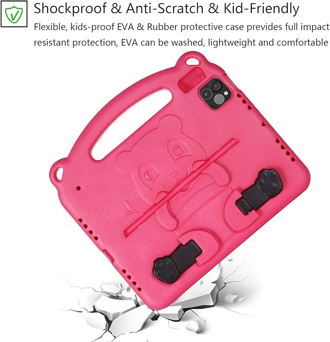 Kids Case for Apple iPad Pro 11 inch M5/M4 Tablet (2025/2024) with Handle/Kickstand Slim Lightweight Cute Soft EVA Foam Shockproof Folio Stand Protective Cover for Boy Girl Teens, Rose