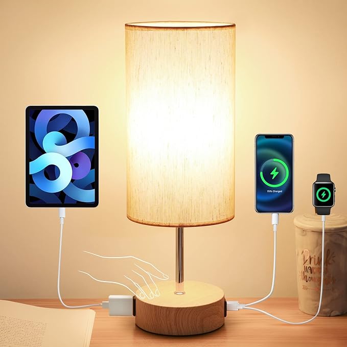 Yarra-Decor Bedside Lamp with USB A+C Charging Ports & AC Outlet Touch Control Table Lamp for Bedroom 3 Way Dimmable Nightstand Lamp with Fabric Shade for Home Office, Dorm(Bulb Included)