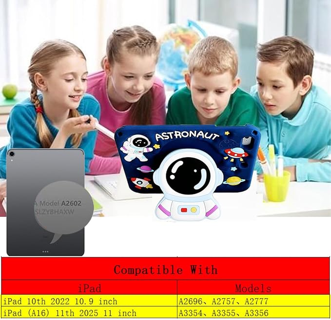 3D Cute Astronaut Case for iPad 10th Gen (2022) 10.9 inch/iPad (A16) 11th 2025 11 inch,Cartoon Pretty Space Astronaut Soft Silicone Foldable Stand Case with Lanyard for Kids Teens Girl Women
