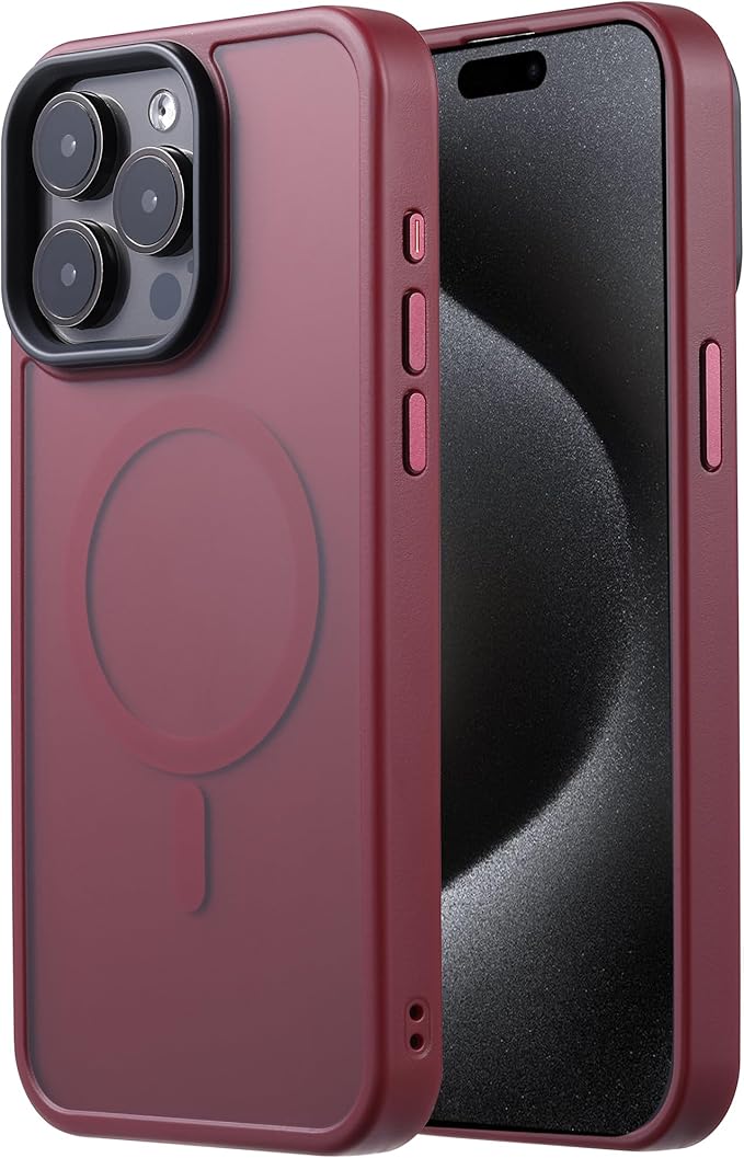 Tigowos Compatible with iPhone 15 Pro Case Fits MagSafe 10FT Drop Resistant Matte Skin Feeling Back Cover Aluminum Alloy Keys Fits iPhone 15 Pro Phone Cases，Red Wine