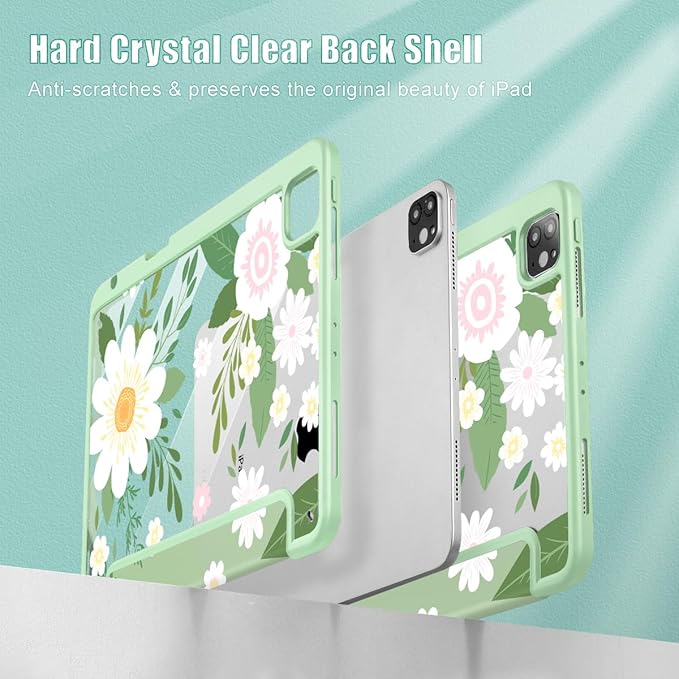 Tuiklol for iPad Pro 12.9 Inch 6th/5th/4th/3rd Generation 2022 2021 2020 2018 Case,Built-in Pencil Holder Clear Transparent Protective Back Shell Cover with Auto Sleep/Wake, Flowers Green