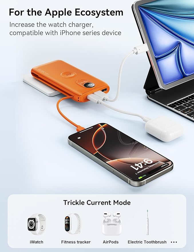 Portable Charger, 10000mAh 22.5W Power Bank Fast Charging with Wall Plug, Built-in Cables, LED Display, Compact Lightweight USB C Travel Battery Pack for iPhone 17/16, Android Cell Phone, Pad, iWatch