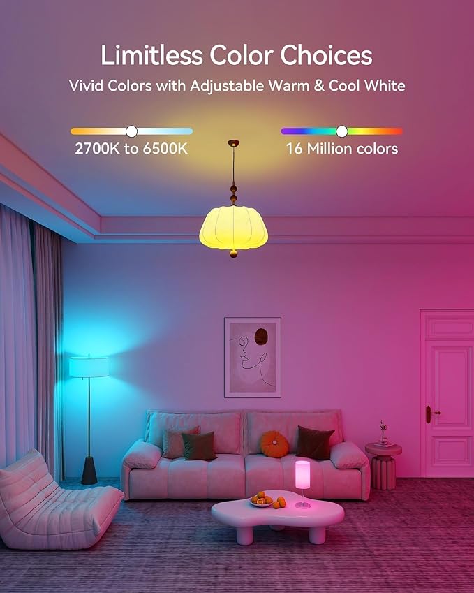 Matter Smart Light Bulbs, Color Changing Light Bulb, hub Required, A19 60W,2.4Ghz WiFi only,Compatible with Alexa Google Assistant, Apple Home,16 Million Colors RGBCW 800 Lumen,4 Pack