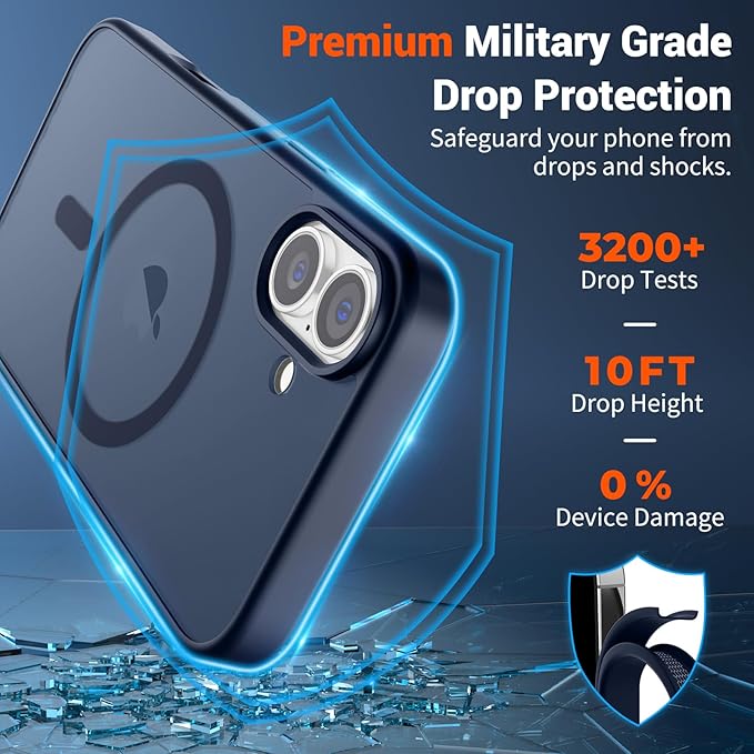 SUPFINE Magnetic for iPhone 16 Case (Compatible with MagSafe) (Military Grade Drop Protection) Translucent Matte Shockproof Phone Cover,Dark Blue