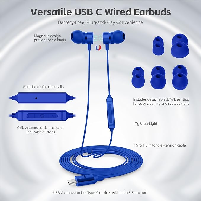 MORMOQUE USB C Headphones for iPhone 15 16 17,for Samsung S20-S23 A53 A54 Type C Wired Earbuds,Built-in Microphone Hi-Fi Bass Earphones,4.9ft Long Cord Magnetic in-Ear Ear Buds with 6 Ear Tips(Blue)