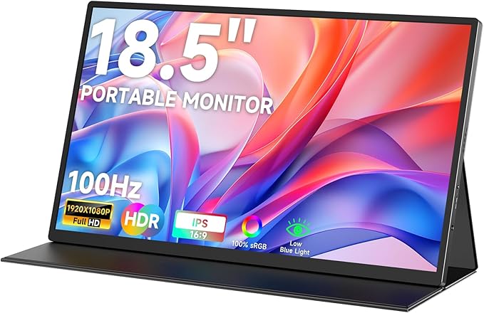 qaf 18.5 Inch Portable Monitor, 100Hz 1080P FHD IPS HDR Display, 100% sRGB, Frameless Gaming Travel Second Monitor for Laptop PC Mac PS5 Xbox, VESA Mount, Built-in Speakers - Classic Black