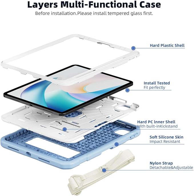 TSQQST Case for iPad Pro 12.9 Inch 6th/5th/4th/3rd Generation 2022/2021/2020/2018 for Kids, Full Body Shockprof Rugged Protection Case Cover with Stand +Pencil Holder+ Shoulder Strap, Ice Blue