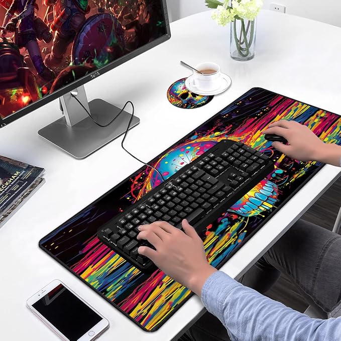 Desk Pad Mat Gaming Mouse Pads with Coasters Set, Stitched Edges Design Mouse Pad XXL Large Mouse Pad for Laptop Computers Color Skull Desk Writing Mat for Office & Home 31.5x 11.8