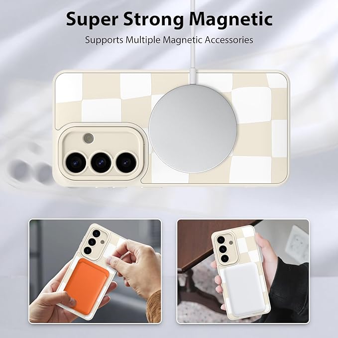 KANGHAR Compatible with Samsung Galaxy S26 Case, Support for MagSafe, Silicone Checkered Cute Pattern, Wristband Kickstand Camera Protection Soft Slim Cover for Girls Women -White