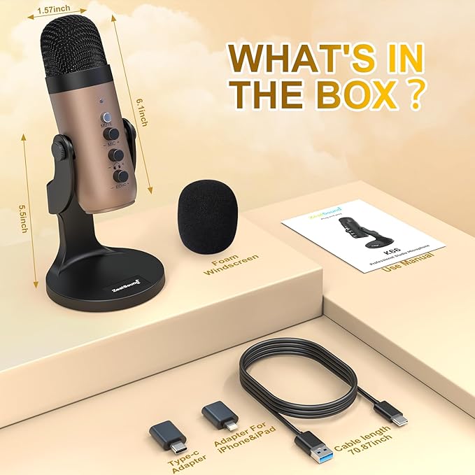 ZealSound USB Microphone,Condenser Computer PC Mic,Plug&Play Gaming Microphones for PS 4&5.Headphone Output&Volume Control,Mic Gain Control,Mute Button for Vocal,YouTube Podcast on Mac&Windows(Gold)