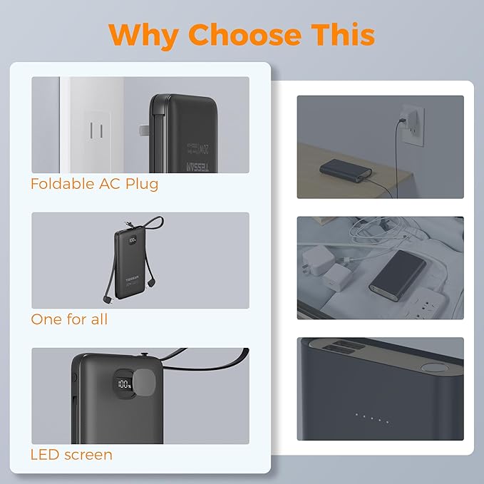 TESSAN Portable Charger with Built in Cables, 10000mAh Power Bank Fast Charging with Foldable AC Plug, PD20W Compact Battery Pack Travel Essentials for iPhone 17/16/15 Series, Samsung, Tablets, Black