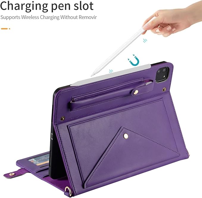 Handbag Case for iPad Pro 11" 2022/2021/2020 & iPad Air 11" M3 M2, Techcircle Folio Stand PU Leather Hand Strap Protective Cover, Crossbody Pencil Holder Card Slots Wallet Case, Purple
