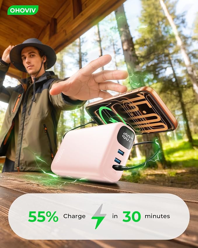 OHOVIV Portable Charger 50000mAh Power Bank - 22.5W Fast Charging External Battery Pack,USB-C Portable Phone Charger for iPhone 17/16/15/14/13 Pro Android Samsung, for Travel Camping Essential-Pink