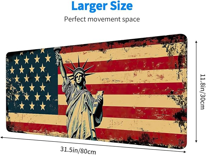 American Flag Desk Mat Vintage Statue Liberty Gaming Mouse Pad Mat with Stitched Edge Non-Slip Base Big Mouse Pad Compatible with Computer, Laptop, and Keyboard 31.5x11.8 Inch