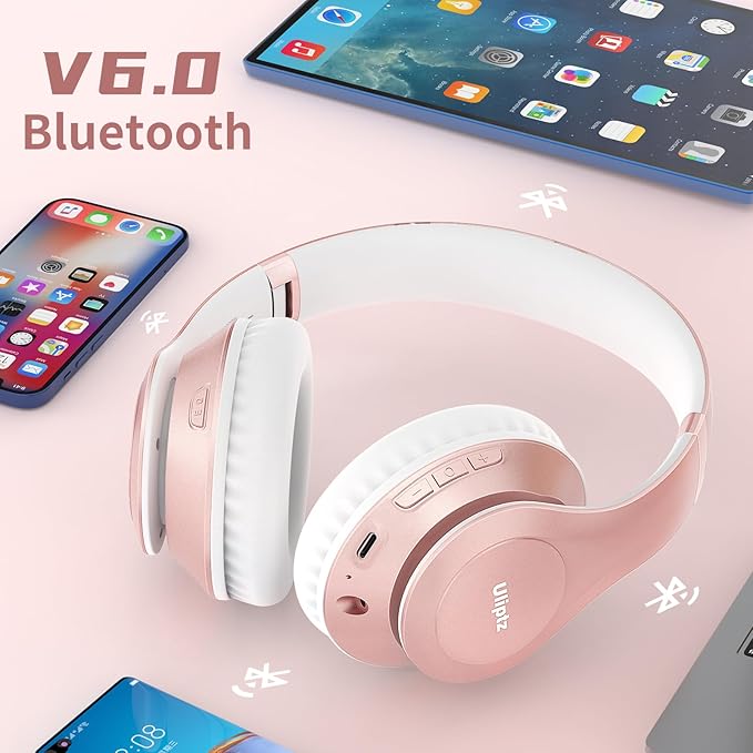 Uliptz Wireless Bluetooth Headphones, 65H Playtime, 6EQ Sound Modes, HiFi Stereo Over Ear Headphones with Microphone, Foldable Bluetooth 6.0 Headphone for Travel/Office/Cellphone/PC (Rose Gold)