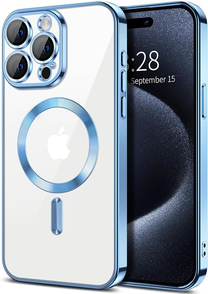 Hython Magnetic Clear for iPhone 15 Pro Case with Camera Lens Protector [Compatible with MagSafe] Luxury Plating Edge Slim Soft TPU Cover Protective Phone Case for iPhone 15 Pro 6.1", Light Blue