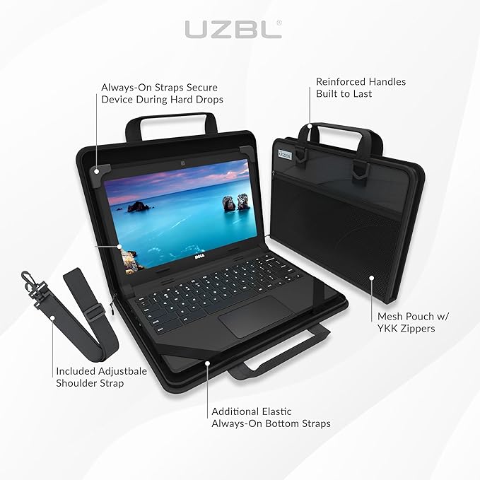 UZBL 13-14 Inch Zip Lite Always-on Chromebook Protective Hard Case with Accessory Pouch & Shoulder Strap