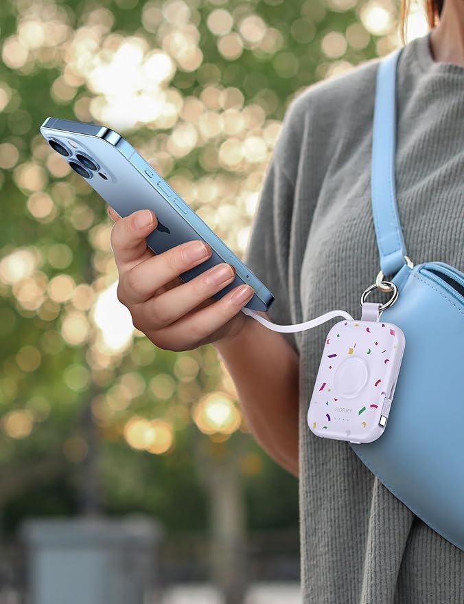 RORRY Portable Charger, 5000mAh Portable Charger Power Bank with Built-in Cables, Travel Keychain Battery Pack for Apple Watch Ultra/11/10/9/8/7/6/SE, iPhone Air/17/16/15/14/13/12, Confetti-Purple