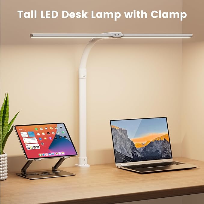 LED Desk Lamp - Bright Dimmable Computer Lamp, 24W Bendable Desk Light for Monitor Screen, Eye-Caring Tall Desktop Light for Task Home Office Work, White, Dual Head