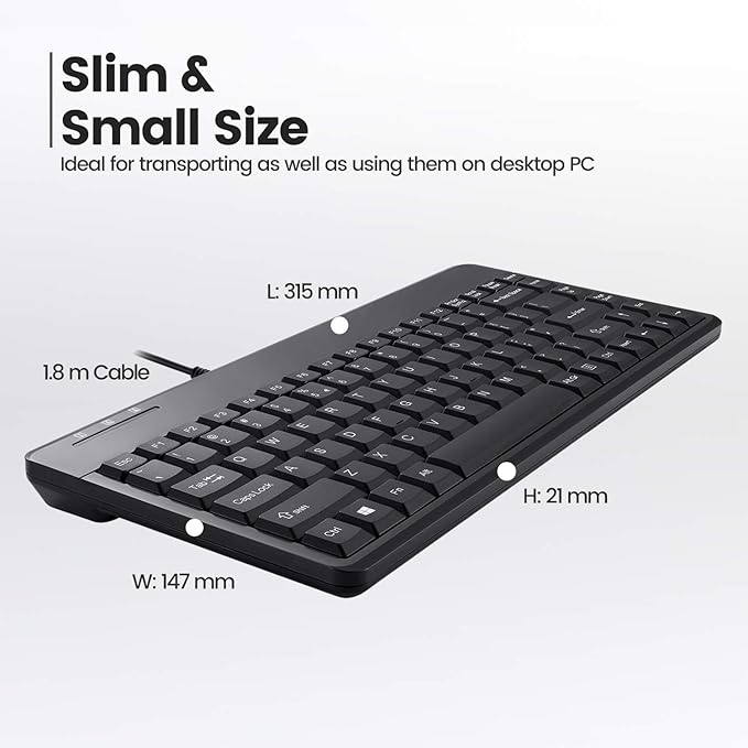 Perixx PERIBOARD-409H Wired USB Mini Keyboard with 2 USB Hubs, Black, US English Layout