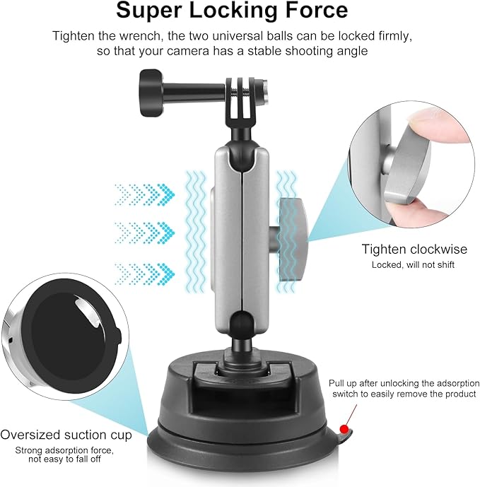 PULUZ Car Suction Cup Mount 360° Rotation Windshield & Window Camera Bracket for GoPro Hero 11 10 9 8 7 Insta360 X3 DJI Action Camera Accessories with Phone Holder with 1/4 Thread