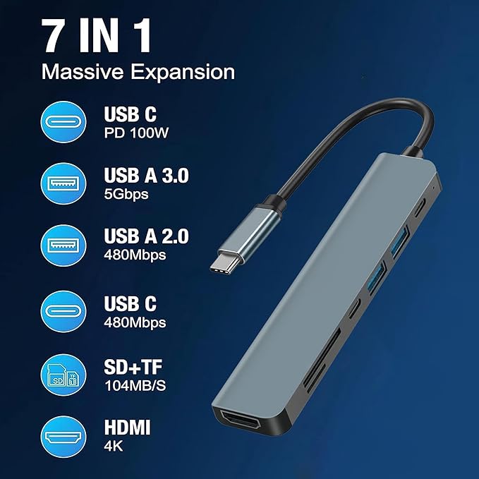 7-in-1 USB C Hub with 4K HD,100W PD Charging,USB C Adapter for MacBook Pro/Air,Dell XPS,HP,Lenovo,iPad Pro,Steam Deck - 5Gbps Data Transfer,SD/TF Card Reader,Slim Portable Laptop Dongle