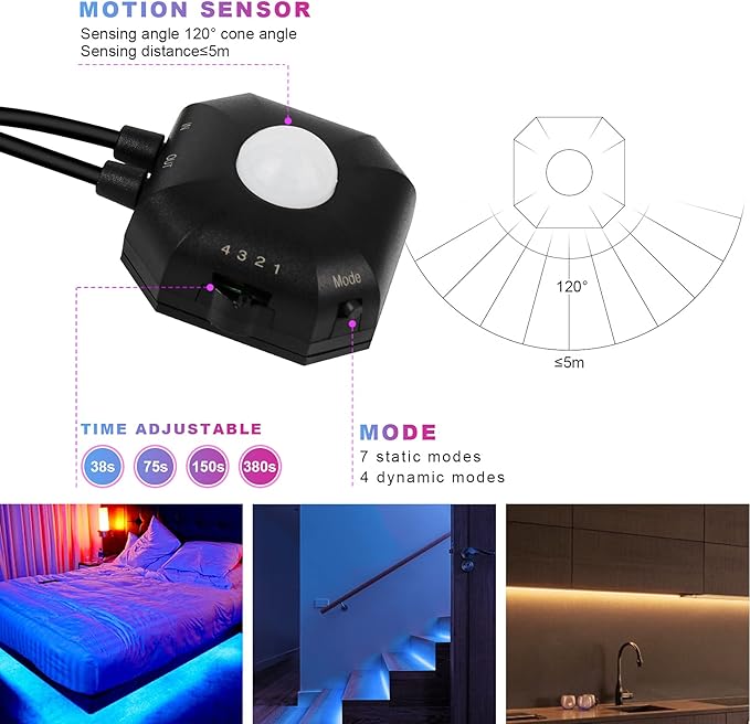 Motion Activated Under Bed Lights,9.84FT App Control Dimmable Night RGB Led Strip Lights,Motion Sensor LED Light Strip with 5V USB, Variety Color Dynamic Modes Music Sync for Cabinet Bedroom Stairs