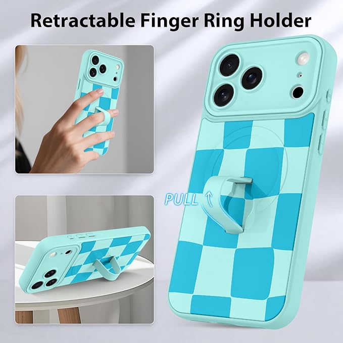 KANGHAR Compatible with iPhone 17 Pro Max Case, Support for MagSafe, Silicone Checkered Cute Pattern, Wristband Kickstand Camera Protection Soft Slim Cover for Girls Women -Blue