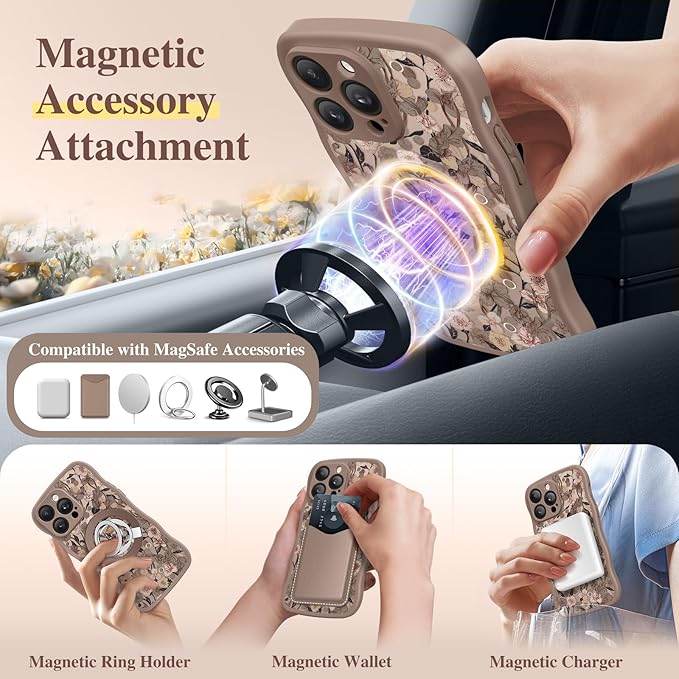 GVIEWIN for iPhone 14 Pro Case Compatible with MagSafe [Curly Wave Edge][Full Camera Protection] Floral Translucent Shockproof Magnetic Women Phone Case for 14 Pro, Apricot Blossom/Brown
