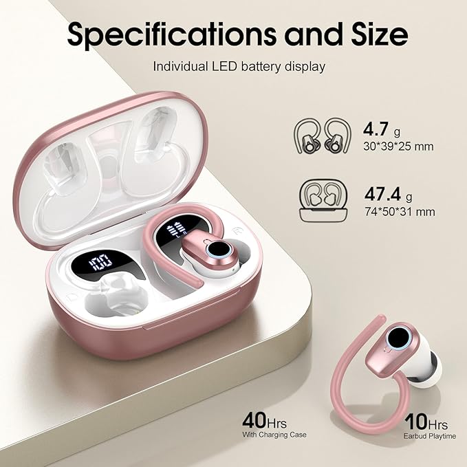 Wireless Earbuds, 2023 Bluetooth Headphones 5.3 Sport, 50H Ear buds with Earhooks, Dual LED DisplayBluetooth Earbuds, Stereo Noise Cancelling Headphones, IP7 Waterproof Running Earphones, Rose Gold
