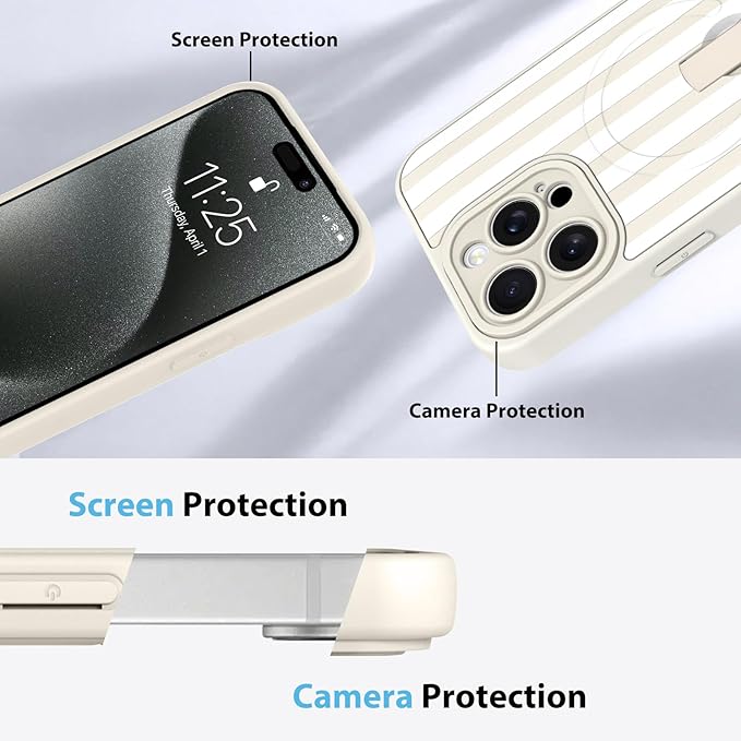 KANGHAR Compatible with iPhone 15 Pro Max Case, Support for MagSafe, Silicone Stripes Cute Pattern, Wristband Kickstand Camera Protection Soft Slim Cover for Girls Women -White